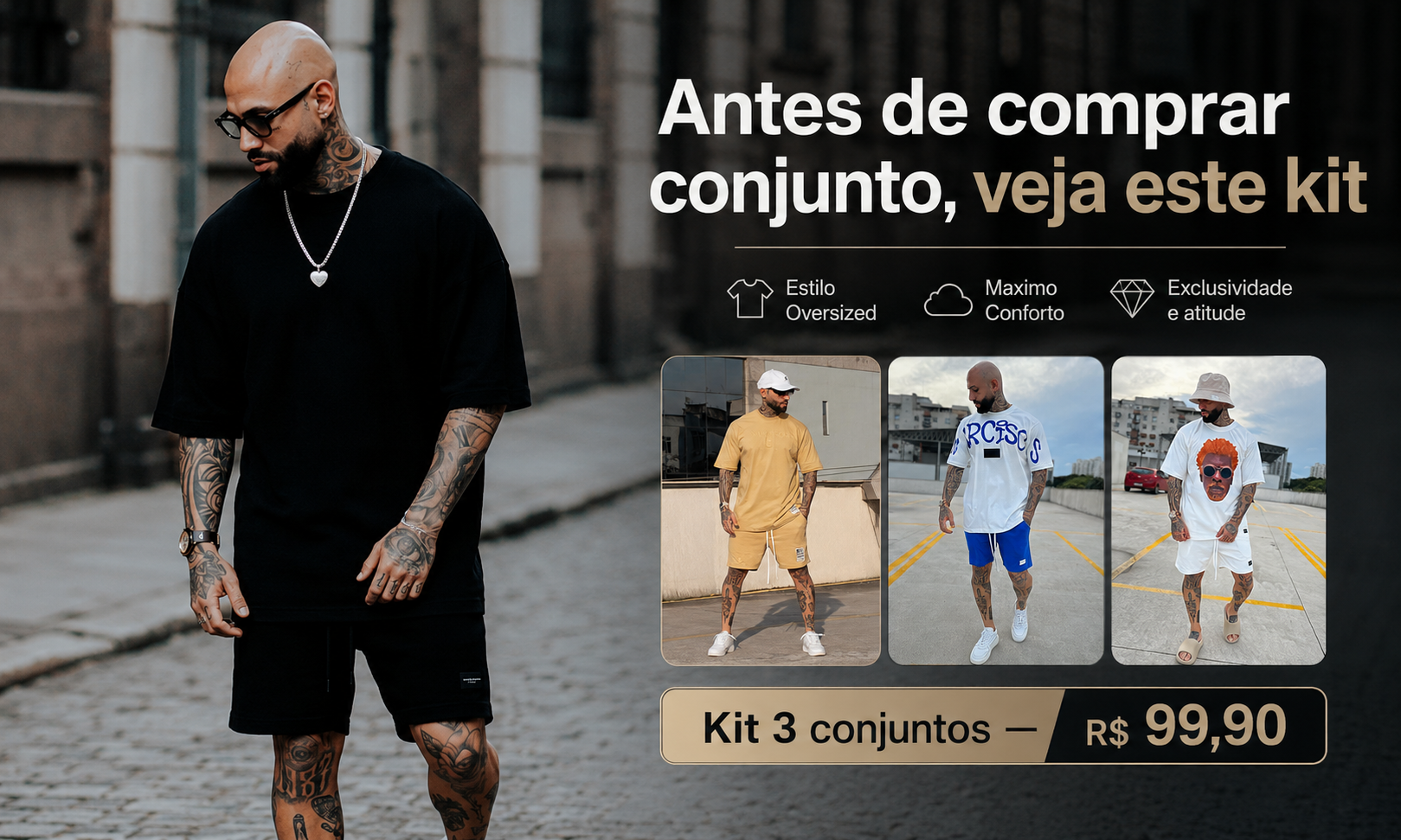 Os três conjuntos do kit lado a lado, camiseta e bermuda